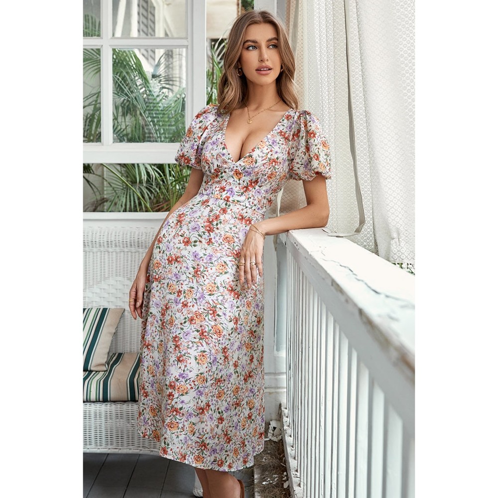 Puff Sleeve | Floral Dress  | V Neck A Line | Womens Small